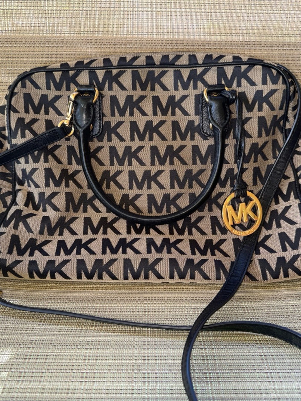 Michael Kors Beige and Black MK Logo Satchel with Gold Accent